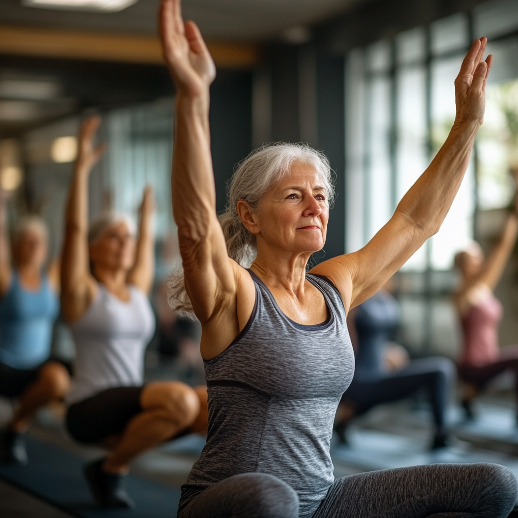 Група людей виконує синхронні вправи під керівництвом інструктора в яскравому залі