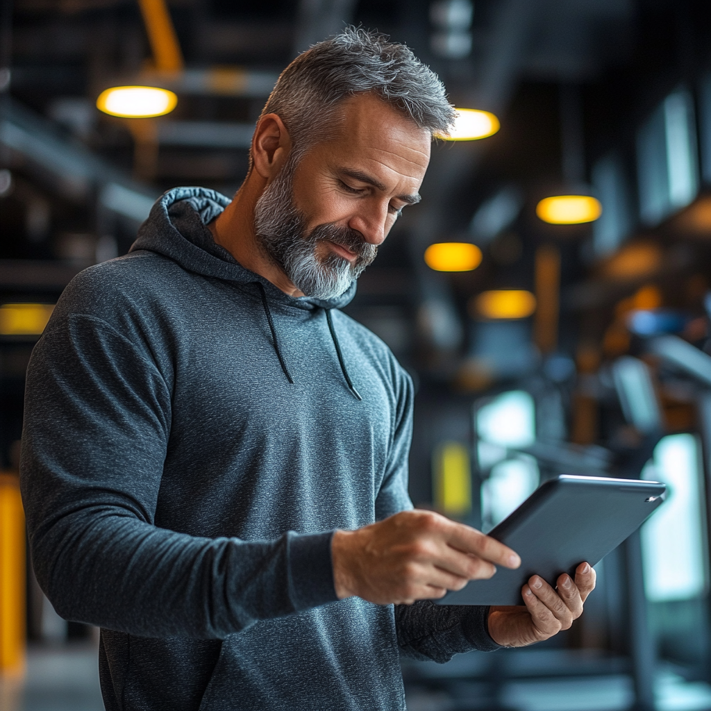 Людина заповнює форму реєстрації на планшеті в сучасному фітнес-центрі